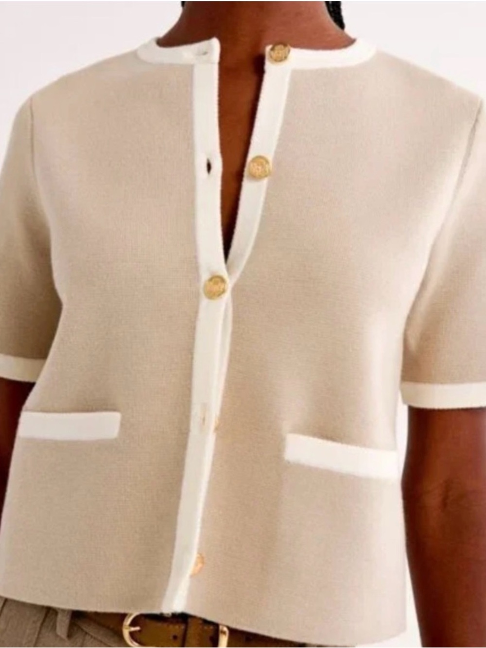 Abercrombie & Fitch Beige and Cream Short Sleeve Cardigan with Gold Buttons